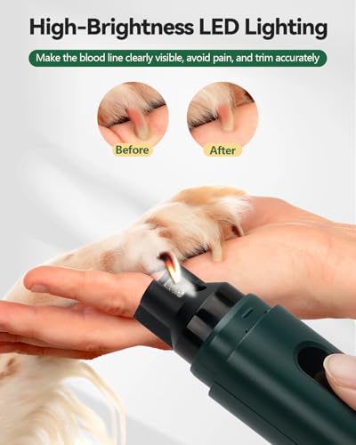 weini Dog Nail Grinder with Sponge Dust Collection, Ultra Quiet <35dB Pet Nail Trimmer for Large Dogs & Cats, Professional 5-Speed Electric Dog Nail Grinder Quiet, 7H Runtime, Green