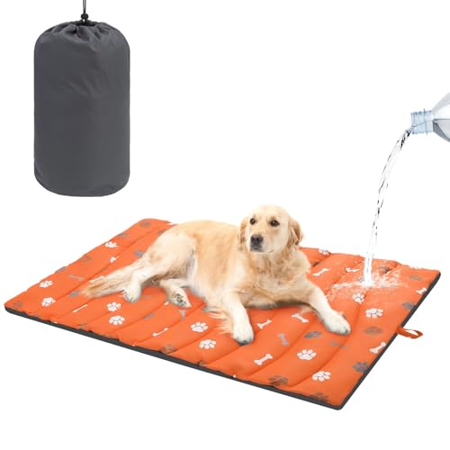 BEAUTYZOO Outdoor Dog Bed Waterproof, Camping Dog Bed Reversible, Portable Travel Bed with Carry Bag- Machine Washable, Durable, Foldable Outdoor Pet Bed Mat for Medium Large Dogs, 35" x 51" Orange - color: Orange, size: 51.0"L x 35.0"W x 2"Th