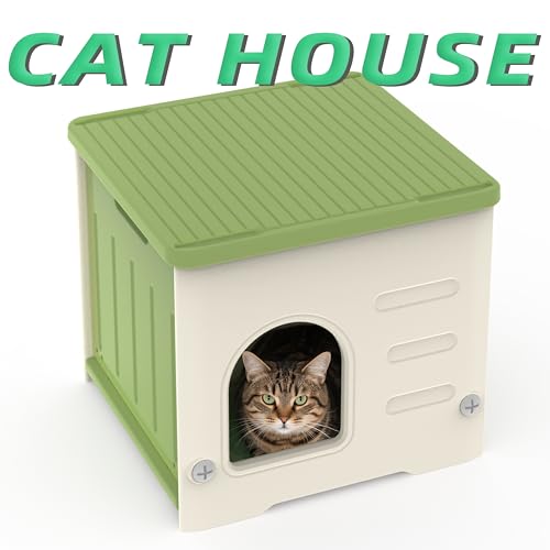 Stackable Cat House for Outdoor Indoor Use, Feral Cat Shelter Weatherproof Waterproof Elevated (Medium) - color: Green-M