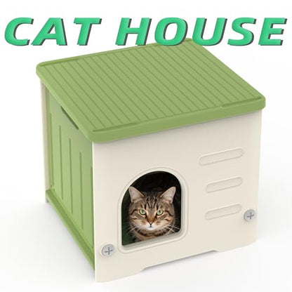 Stackable Cat House for Outdoor Indoor Use, Feral Cat Shelter Weatherproof Waterproof Elevated (Medium) - color: Green-M