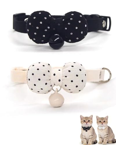 2 Pack Soft Breakaway Safety Cat Collar，Kitten Collar with Bell and Bow Tie,Adjustable Breakaway Cotton Collar for Kitty and Puppy (Polka Dot-Black White) - color: Polka Dot-Black White