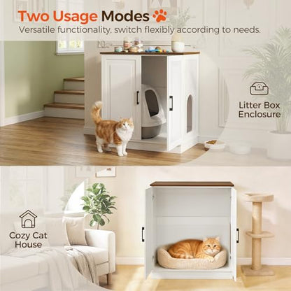 MAHANCRIS Large Cat Litter Box Enclosure, 33.5" Tall Hidden Litter Box Furniture for Small Self Cleaning Litter Box, Farmhouse Wooden Litter Box Cabinet, Cats House, Side Table, White and Walnut