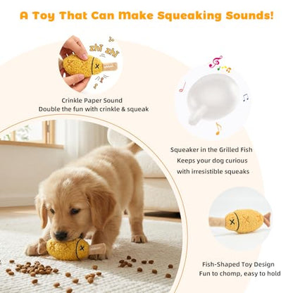 Grilled Fish Skewer Hide & Seek Plush Toy for Small Dogs & Puppies: Treat Dispensing Pocket, Squeaker and Crinkle Sounds, Tear-Resistant Chew for Aggressive Chewers - color: Yellow - Fish Skewer
