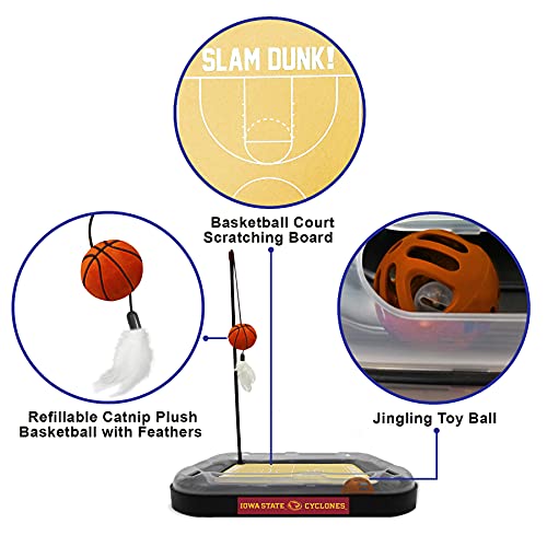 Cats Scratcher NCAA Iowa State Basketball Court CAT Scratcher Toy with Catnip Filled Plush Basketball Toy & Feather Cat Toy Hanging, with Jingle Bell Interactive Ball Cat Chasing 5-in-1 Kitty Toy - color: Iowa State