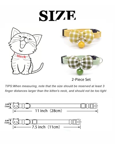 2 Pack Soft Breakaway Safety Cat Collar，Kitten Collar with Bell and Bow Tie,Adjustable Breakaway Cotton Collar for Kitty and Puppy (Plaid-Yellow Green) - color: Plaid-Yellow Green