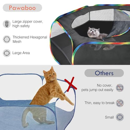 Pawaboo Small Animals Playpen, Waterproof Small Pet Cage Tent with Zippered Cover, Portable Outdoor Yard Fence with 3 Metal Rod for Chick/Kitten/Puppy/Guinea Pig/Rabbits/Hamster, Black + Rainbow - color: N-Black + Rainbow
