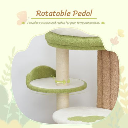 KAMABOKO 42.5" Cute Cat Tree, Green Cat Tree for Indoor Cats, Aesthetic Cat Tower with Teddy Fleece, Cats Condo, Unique Cat Furniture for Small Space - Perfect for Your Feline Pal - size: 42.5''H