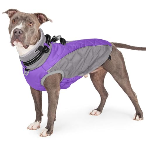Large Winter Dog Coat, Reflective Fleece Vest with D Ring & Adjustable Buckles, Windproof and Waterproof Dog Cold Weather Coats, Turtleneck Warm Pet Garment Snowsuit Christmas - 2XL Purple - color: Purple, size: XX-Large