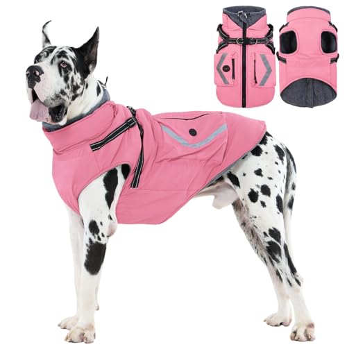 FUAMEY Dog Harness Coat 3X Large, Winter Jacket for Dogs Cold Weather Vest Reflective Strips, Warm Doggy Clothes Winter Suit Waterproof, Cozy Outfits for Large Doggies, Great Dane (Pink, 3XL) - color: Soft Pink, size: XXX-Large