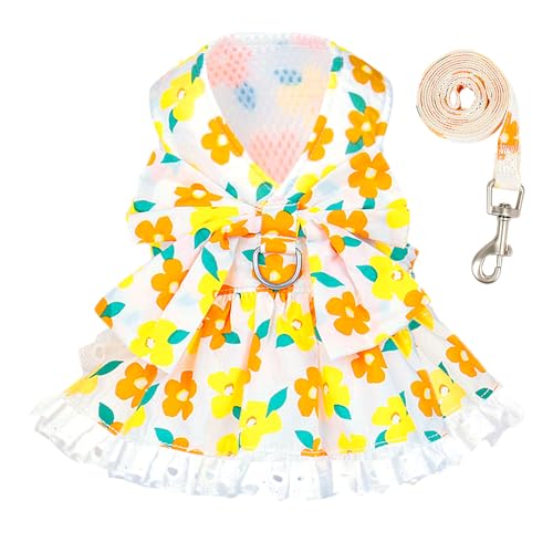 ABRRLO Dog Harness Dress Leash Set for Small Dog Summer Clothes Girl Female Puppy Cats Outfits Cute Floral Bowknot Princess Birthday Dress for Extra Small Pet Doggie Kitten Outfits Apparel(Yellow,M) - color: Yellow, size: Medium