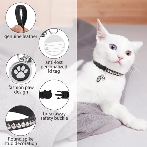 Leather Personalized Breakaway Cat Collar with Studded Bell and Safety Quick Release Buckle - Rivets Studded ID DIY Collars for Boy Girl Cats Kittens, Black XS - color: Black, size: 7"-9"
