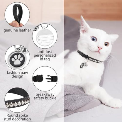 Leather Personalized Breakaway Cat Collar with Studded Bell and Safety Quick Release Buckle - Rivets Studded ID DIY Collars for Boy Girl Cats Kittens, Black XS - color: Black, size: 7"-9"