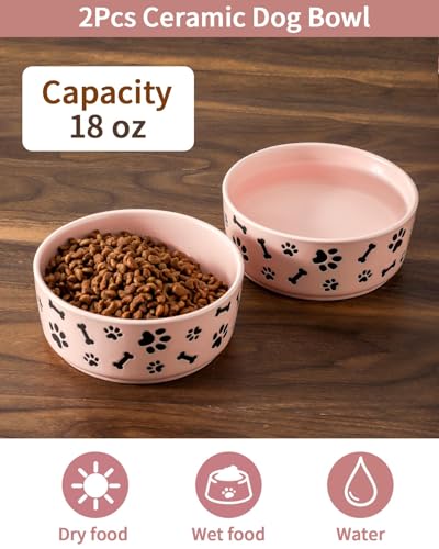 UBEE Ceramic Dog Bowl Set of 2, 5.5 inch Dog Food Bowl Dish with Bone Paw Pattern, Pet Food Water Dish Feeding Plates for Small Dogs, Puppy and Cat, Pink - color: Pink-dog paw, size: 5.5 inch x 2