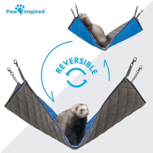 Paw Inspired Hanging Fleece Hammock for Ferrets, Rats, Chinchillas, Sugar Gliders, Small Pets | Hideout Toy for Guinea Pigs, Hamsters | Swivel Clips for Small Animal Cages (Gray/Blue) - color: Gray/Blue