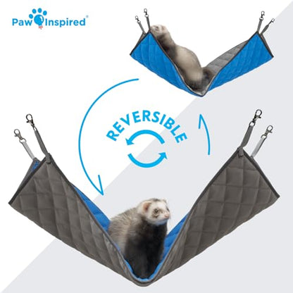 Paw Inspired Hanging Fleece Hammock for Ferrets, Rats, Chinchillas, Sugar Gliders, Small Pets | Hideout Toy for Guinea Pigs, Hamsters | Swivel Clips for Small Animal Cages (Gray/Blue) - color: Gray/Blue