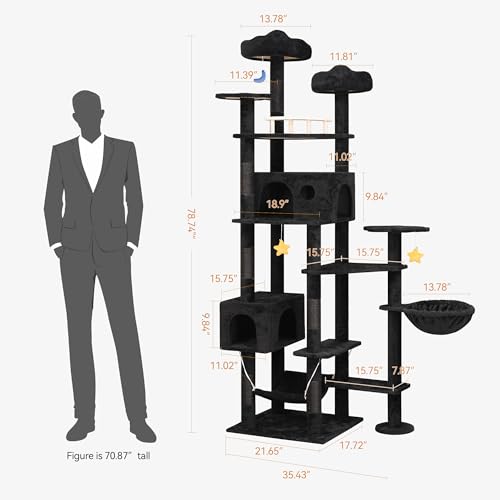 Meecal 79inch Giant Cat Tree for Heavy Duty Big Cats, Multi-Level Luxury Cat Tower with Scratching Post, Cat Condo with Hammocks & Plush Perches for Indoor Cats Large Adult, Black - color: Black