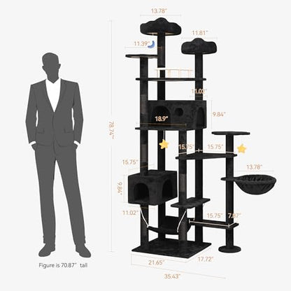 Meecal 79inch Giant Cat Tree for Heavy Duty Big Cats, Multi-Level Luxury Cat Tower with Scratching Post, Cat Condo with Hammocks & Plush Perches for Indoor Cats Large Adult, Black - color: Black