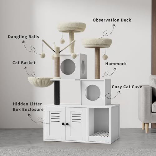 Garvee 53.7-Inch Litter Box Enclosure with Cat Tree, 2-in-1 Modern Large Cat Tower for Indoor Cats with Condo/Hammock/Scratching Post/Plush Perch/Caves, Wooden Hidden Litter Box Furniture, White