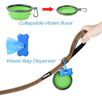 Double Dog Leash, No Tangle Dual Leash, Reflective Walking Training Lead, 4 Comfortable Padded Handles for 2 Dogs with Collapsible Bowl and Waste Bags (Brown, Large) - color: Brown
