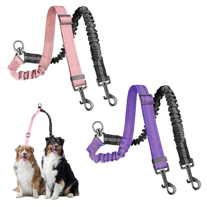 Double Dog Leash Coupler-360°Swivel,2 PCS No Tangle Walking Leash with Shock Absorbing Bungee for Outdoor Walk Train Small Medium Pet(Pink,Purple)