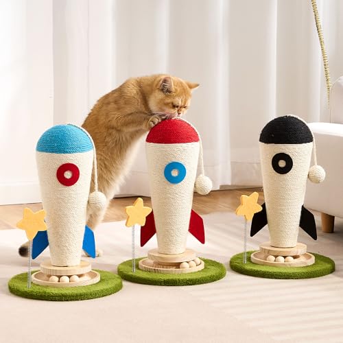 Cat Scratching Post, Rocket Cute Sisal Cat Scratcher with Durable Solid Wood Turntable Toy, Cat Scratch Post Red Cat Scratcher with Spinning Star Toy for Indoor Adult Cats - color: Red Rocket