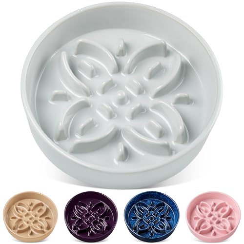 vancasso Ceramic Slow Feeder Dog Bowls, Puzzle Dog Food Bowls with Floral Maze, Anti -Slip Pet Food Dish for Large Breed, 3 Cups, Grayish Cyan - color: Grayish Cyan, size: L-3 Cups
