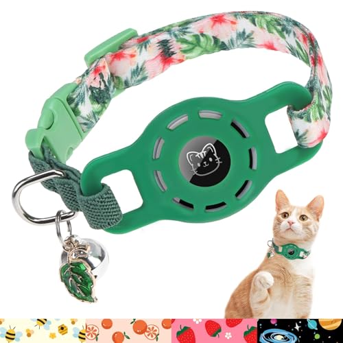 BINGPET AirTag Cat Collar with Bells, Upgraded Safety Elastic Cat Collar with Airtag Cat Collar Holder, Anti-Lost Cat Collars for Girl Boy Cats, Anti-Suffocation Kitty Puppy Collars - color: Hawaii