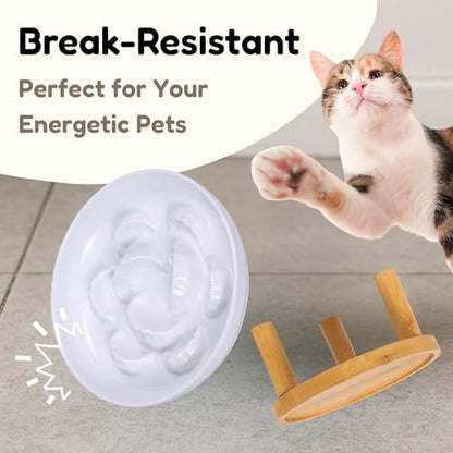 Slow Feeder Bowl, 6.3″ Elevated Cat Bowl with Stand, Melamine Wide Shallow Food Bowl, Whisker-Friendly Raised Plate, Wet Food Feeder for Slow Eating (White) - color: White, size: 1 Pack with Stand - 6.3''W x 1.5''H