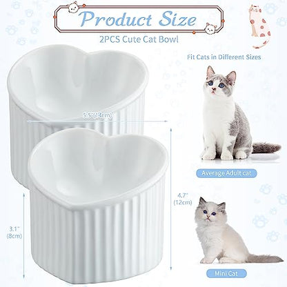 Mumufy 2 Pcs Ceramic Elevated Cat Bowls Tilted Elevated Raised Pet Bowls Anti Vomit Cat Dish for Indoor Stress Free Water Dish Feeder for Puppies, Heart Shaped(Pearly White) - color: Pearly White