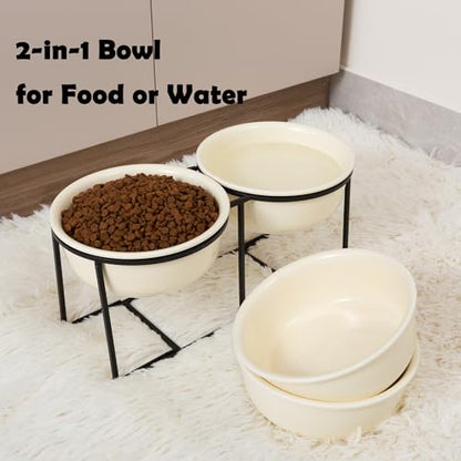 Ceramic Elevated Dog Bowl Set - Raised Food and Water Bowls with Metal Stand - Double Pet Dishes for Small and Medium Dogs - 3 Cups - 24.3 fl oz - Beige - color: Beige, size: L-400ml