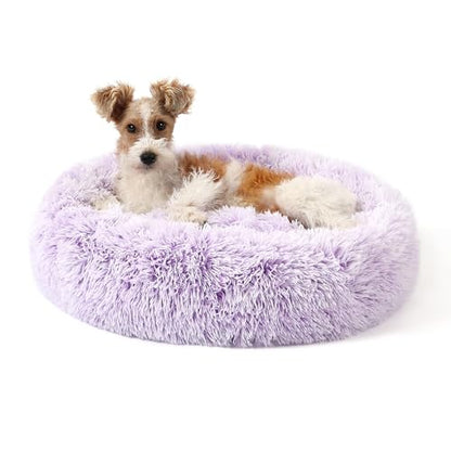 Calming Donut Dog Bed for Small to Medium Dogs & Cats - Plush Faux Fur Anti-Anxiety Pet Bed with Machine Washable Cover & Non-Slip Base - color: Gradient Purple, size: Small 19.6''