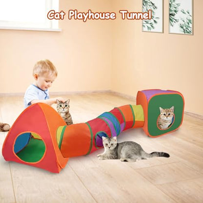 Rypet Cat Tunnels for Indoor Cats with Cube Tent Toys Combo Pop Up Collapsible Crinkle Interactive Peek Hole Cat Tube with Play Ball and Bell for Kitten, Puppy, Kitty, Rabbit - color: Rainbow