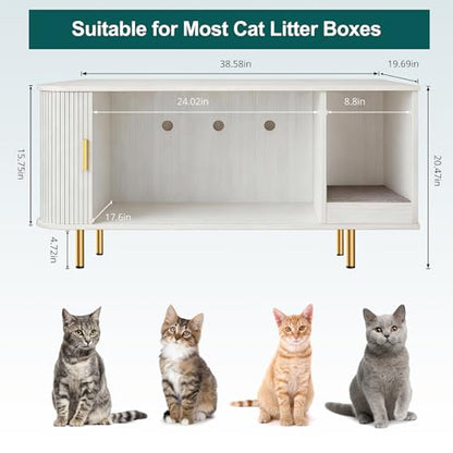 Cat Litter Box Enclosure with Scratch Pad, Sliding Door, 38.5" Cat Litter Furniture Hidden Litter Box Cabinet, Modern Indoor Cat House, TV Stand, Side End Table for Living Room (White) - color: White