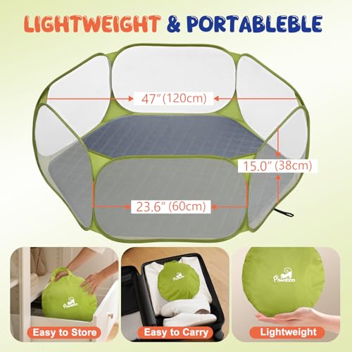 Pawaboo Small Animals Playpen with Pad, Waterproof Small Pet Cage Tent with Reusable Pad, Portable Outdoor Yard Fence for Chick/Kitten/Puppy/Guinea Pig/Rabbits/Chinchillas, Green + Grey - color: Green + Grey