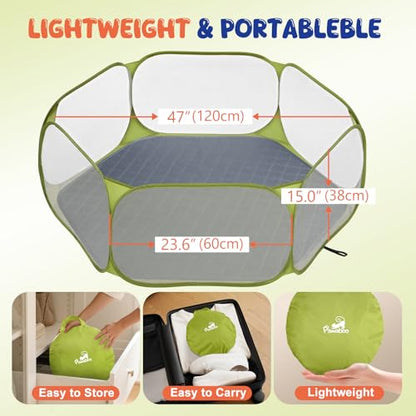 Pawaboo Small Animals Playpen with Pad, Waterproof Small Pet Cage Tent with Reusable Pad, Portable Outdoor Yard Fence for Chick/Kitten/Puppy/Guinea Pig/Rabbits/Chinchillas, Green + Grey - color: Green + Grey