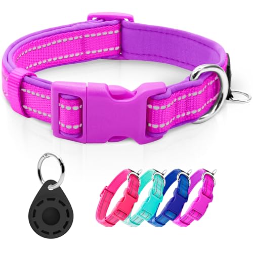 Reflective Dog Collar with Airtag Holder, Soft Neoprene Padded Pet Collar with ID Tag Ring, Adjustable for Puppy and Small Dogs,Purple,XS - color: 4#Purple（with AirTag Holder）, size: X-Small (Pack of 1)