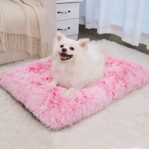 Vonabem Small Dog Bed Crate Pad, Pink Washable Puppy Beds, Plush Soft Dogs Kennel Pads 24 inch, Cute Cats Mat Anti Slip, Puppy Mats for Sleeping - color: Pink, size: 24.0"L x 18.0"W x 2.0"Th