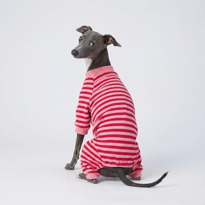 Fitwarm Pink and Red Striped Dog Pajamas, Waffle Dog Clothes for Small Dogs Girl Boy, Puppy Onesie with Feet, Pet Cat Outfit, XS - color: LightPink, size: X-Small