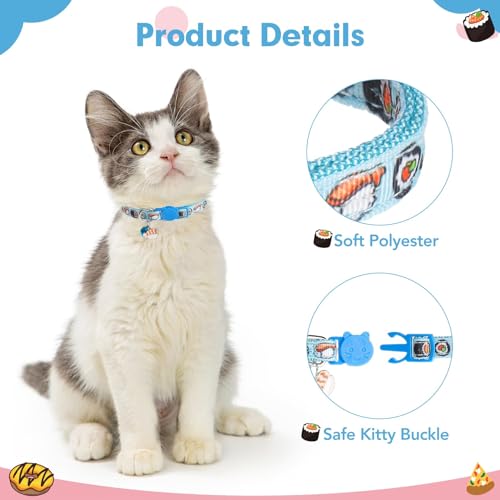BINGPET Christmas Breakaway Cat Collar with Bell,3 Pack Cat Collars for Girl Cats, Cute Kitty Collars Accessories with Donut & Sushi & Pizzas(Yellow/Pink/Blue) - color: Food-3pcs
