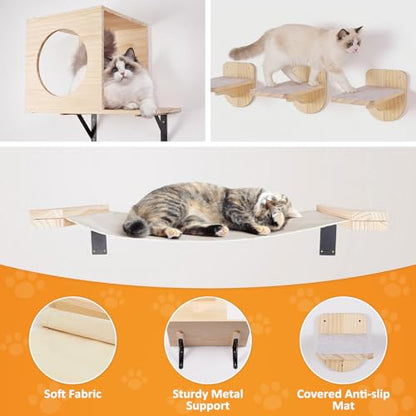 TIMIEEYA Cat Wall Shelves - Stable & Safe 5 in 1 Cat Walls Furniture Set, Wooden Kitten Climbing Wall with 1 Condos House, 1 Hammock & 3 Wall Steps - style: 5pcs with Hammock