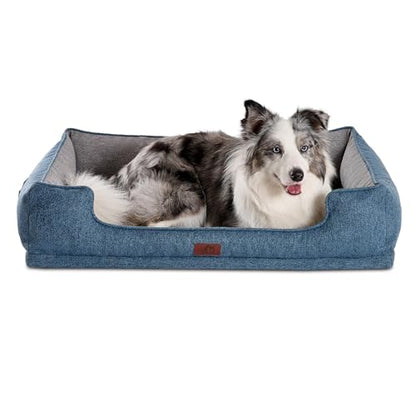 Hollypet Orthopedic Rectangle Dog Bed for Large Dogs, Supportive Egg-Crate Foam Pet Beds with Removable Washable Waterproof Cover and Non-Slip Bottom, Blue, 38" L x 29" W x 8.5" Th