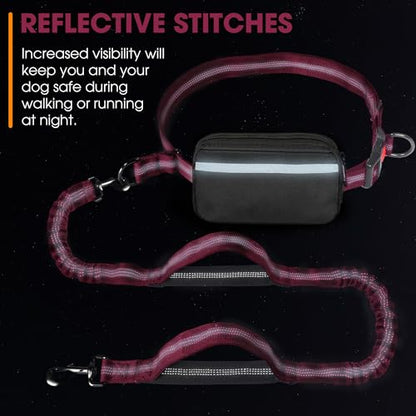 Hands Free Dog Leash with Waist Belt – No-Pull Bungee, Dual Padded Handles & Zipper Pouch for Running, Walking & Training – Adjustable Waist Leash for Large & Medium Dogs (Red) - color: Red
