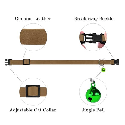 Breakaway Cat Collar Leather with Removable Bell - 13 Colors Available - Soft Adjustable Girl Boy Safety Lightweight Pet Kitten Collars Pink Brown Blue Green Red Orange Black (Brown) - color: Brown