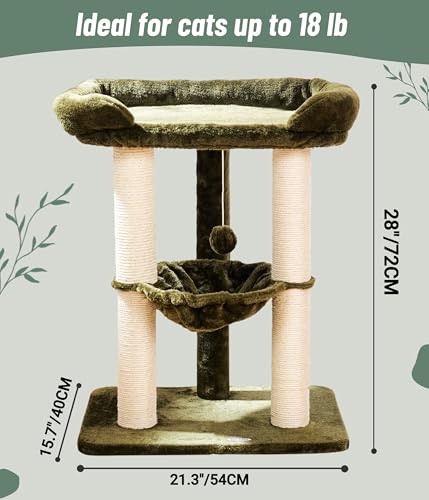 Happi N Pets 28" Cat Tree, Large Bed for Big Cats, Small Cat Tower with Soft Perch for Window Viewing, Stable Cat Tree Tower, Cat Scratching Post with Hammock, Removable Cover-Green - color: Olive Green