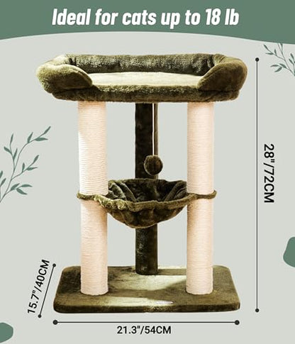 Happi N Pets 28" Cat Tree, Large Bed for Big Cats, Small Cat Tower with Soft Perch for Window Viewing, Stable Cat Tree Tower, Cat Scratching Post with Hammock, Removable Cover-Green - color: Olive Green