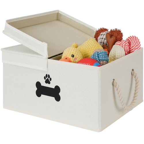 Dog Toy Basket with Double-Open Lid, Divided Dogs Basket for Toys, Collapsible Pet Toy Box, Dog Storage Organizer with 2 Divided Area, Puppy Toys Baskets with Rope Handles, Beige - color: Beige, size: Large