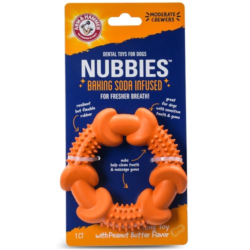 Arm & Hammer Nubbies Dog Dental Chew Toy, Rubber Ring, Peanut Butter Flavor, for Moderate Chewers, Reduces Plaque and Tartar Buildup, Baking Soda Infused, No Stuffing - color: Orange Rubber Ring, size: 1 Count