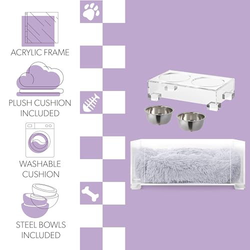 Billie 24" x 15.75" Small Modern Lucite Pet Bed with Washable Cushion and 4" Elevated Pet Feeder with 27 oz 2-Stainless Steel Bowls, Light Gray/Clear (Set of 2) DBD2001A-2SET