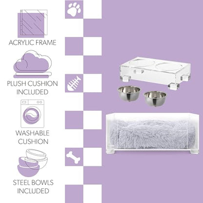Billie 24" x 15.75" Small Modern Lucite Pet Bed with Washable Cushion and 4" Elevated Pet Feeder with 27 oz 2-Stainless Steel Bowls, Light Gray/Clear (Set of 2) DBD2001A-2SET