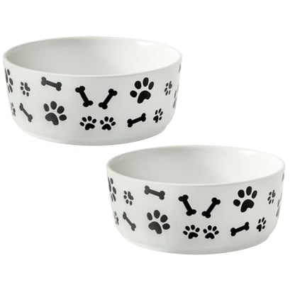 UBEE Ceramic Dog Bowl Set of 2, 5.5 inch Dog Food Bowl Dish with Bone Paw Pattern, Pet Food Water Dish Feeding Plates for Small Dogs, Puppy and Cat, White - color: White-dog paw, size: 5.5 inch x 2